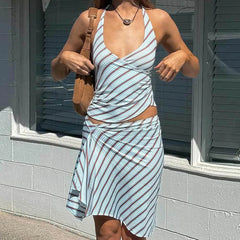 Blue Striped Sleeveless Halter Neck Tank Tops And Asymmetric Midi Skirt Set
