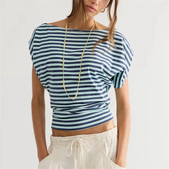 Striped Boat Neck Batwing Cap Sleeve Ruched Waist Top