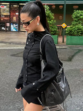 Black Stand Collar Button Up Desgin Jacket