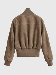 Faux Suede Stand Collar Zip Up Bomber Jacket