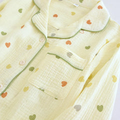 Yellow Heart Printed Long Sleeve Shirt And Pants Pajama Set
