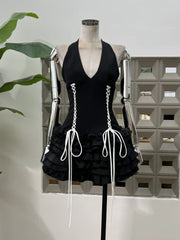 Black Halter Neck Lace-up Ruffles Mini Dress