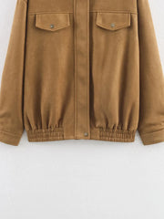 Brown Lapel Ribbed Collar Patchwork Pocket Jacket