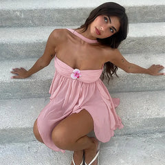 Ruffles Halter Off Shoulder 3d Flower Mini Dress