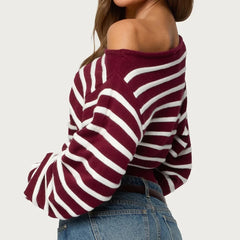 Red Off Shoulder Long Sleeve Stripes Pullovers Top
