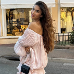 Satin Off Shoulder Lantern Sleeve Ruffled Mini Dress