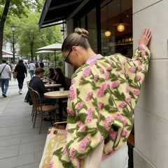 Embroidered Knit 3D Floral Print Zip Up Jacket
