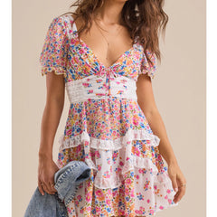 Flower Print Tiered Patchwork Short Sleeve Mini Dress