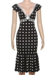 Black Polka Dot Lace Trim Maxi Dress