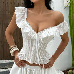 White Ruffle Sleeve Polka Dot Corset Top