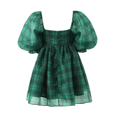 Green Gingham Puff Sleeve Organza Ball Mini Dress