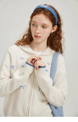 White Bow Embroidery Zipper Cardigan
