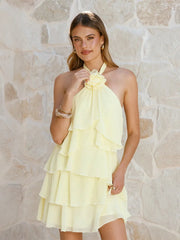 3D Flowers Ruffled Halter Tiered Mini Dress