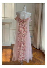 Pink Floral Off-the-Shoulder Mesh Drape Midi Dress