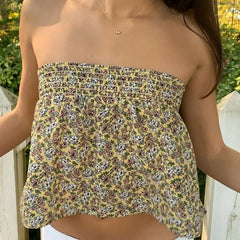 Flower Print Smocked Lace-up Tube Top
