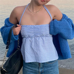 Gingham Ruched Tie-Back Peplum Top