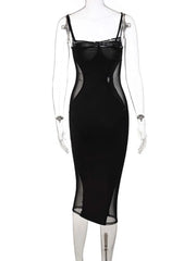 Black Mesh Cut Out Patchwork Midi Dress