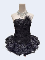 3D Flower Strapless Patchwork Ruffles Mini Dress