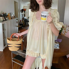 Sheer Ruffle Trim Pleated Tank Top And Shorts Pajama Set