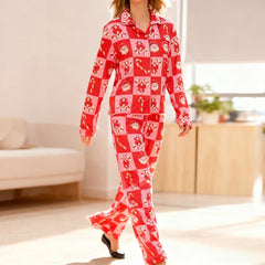 Xmas Checkerboard Candy Cane Print Button Down Shirts And Pants Pajamas Set