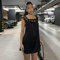 Lace Trim Patchwork Satin Square Neck Mini Dress