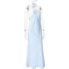Satin Halter Lace Trim Maxi Dress