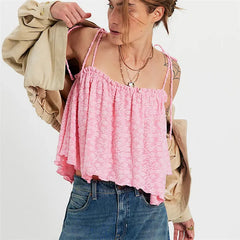 3D Floral Textured Spaghetti Tie Strap Cropped Top