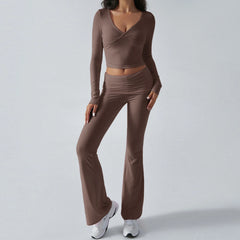Solid V-Neck Long Sleeve Top and Elastic Flared Pant Set