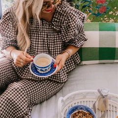 Ruffle Gingham Puff Sleeve Babydoll Shirts and Pants Lounge Set