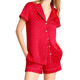 Red Short Sleeve Dots Print Shirt And Shorts Lounge Set