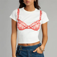 Lace Bra Print Short Sleeve Tee