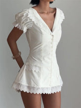 White Lace Ruffled Short Sleeve Buttoned Mini Dress