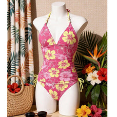 Pink Floral Bead Halter Side Lace Up Bathing Suit Bikini Set