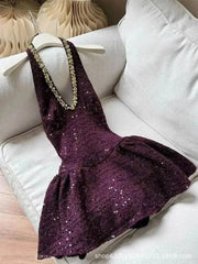 Purple Halter Diamond Sequin Mini Dress