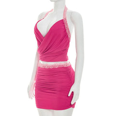 Lace Trim Ruched Drape Crop Top And Mini Skirt Set
