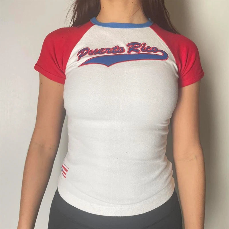 Women's Puerto Rico letter graphic short-sleeved top with an O-neck.