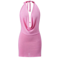 Knitted Halter Cowl Neckline Open Back Mini Bodycon Dress