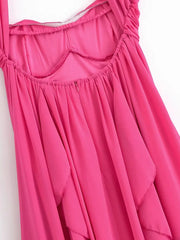 Pink Halter Ribbon Ruffles Frill Midi Dress