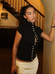 Black Turtleneck Short Sleeve Button Top