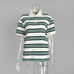 Retro Striped Short Sleeve Polo Neck T-shirt