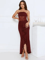 Strapless Ruffle Slit Maxi Dress