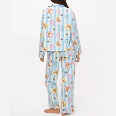 Breakfast Stripe Print Long Sleeve Shirt And Pants Lounge Wear Set