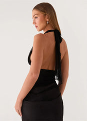 Halter Backless Tie Draped Waist Satin Maxi Dress