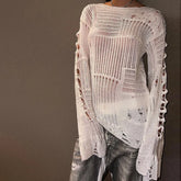 Long Sleeve Hollowed Distressed Knitted Pullover Top