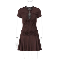 Short Sleeve Keyhole Cut Out Ruched Waist Mini Dress