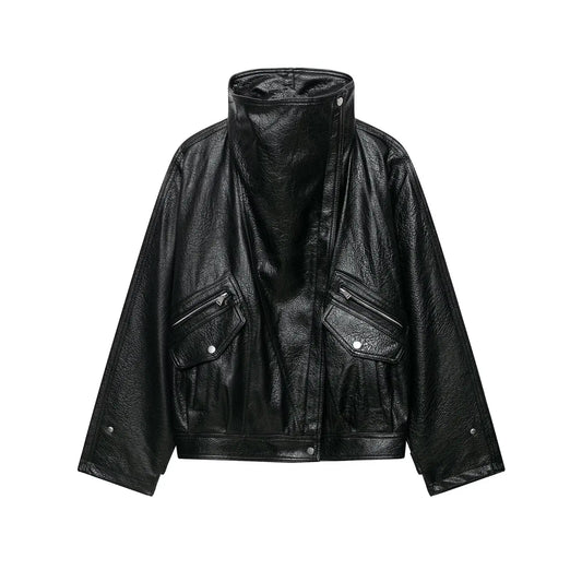 Black Faux Leather High Neck Zipper Biker Jacket