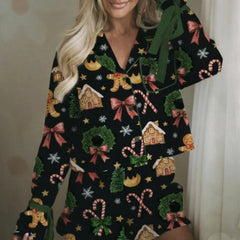 Christmas Long Sleeve Cartoon Print Shirt And Shorts Set