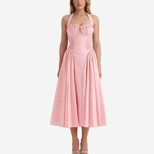 Corset Halter Drawstring Pleated Midi Dress