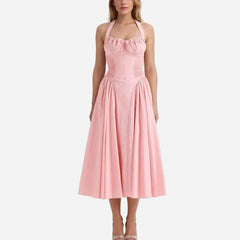 Corset Halter Drawstring Pleated Midi Dress