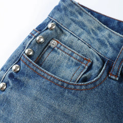 Side Studded Beading Straight Baggy High Waist Denim Pants